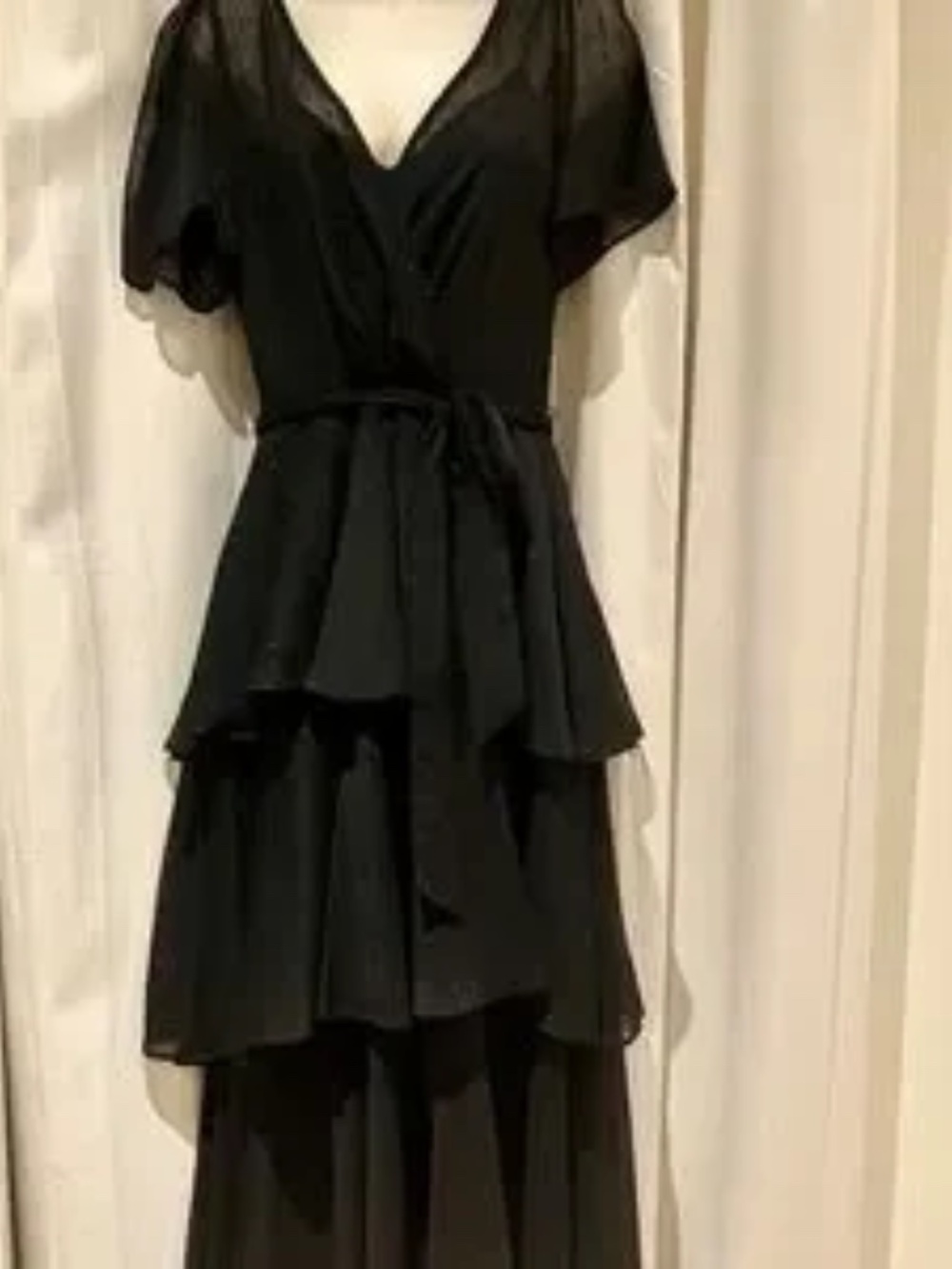 Romantic Black Calvin Klien Swiss Dot Dress Fluttery Layered Ruffles Maxi Sz 8